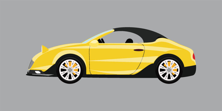 Side view vector illustration of a yellow luxury convertible sports car with a black roof. Sleek automotive flat design isolated on a gray background.