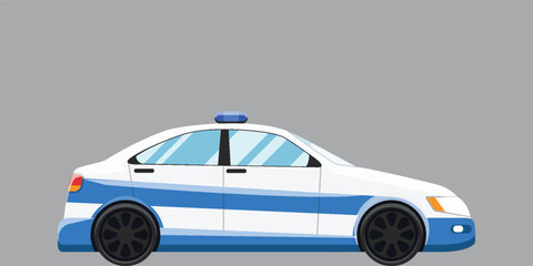 Side view vector illustration of a white and blue police car with sirens. Sleek automotive flat design isolated on a gray background for law concepts. © Ahsuih
