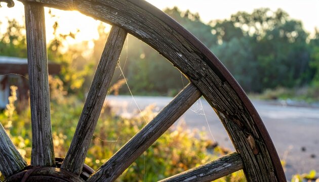 Close-up of a weathered wooden cartwheel spoke