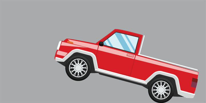 Side view vector illustration of a red pickup truck. Rugged automotive flat design with white trim, isolated on a light gray background profile view.