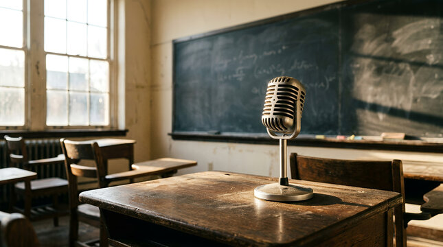 Microphone in classroom with nostalgic atmosphere and empty desks
