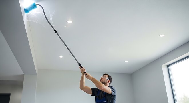 Man cleaning ceiling with long-handled tool