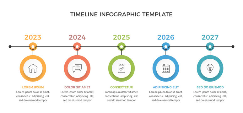 Timeline infographic template with five steps and placeholders for text and years