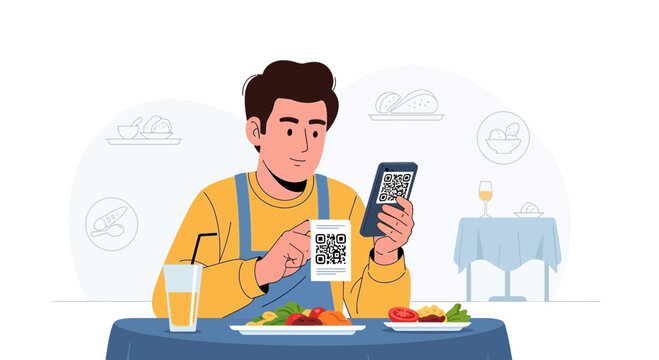 Man scans QR code menu or payment in restaurant, contactless dining, food icons
