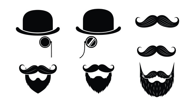 Flat vector collection of mustaches beards and bowler hats on white