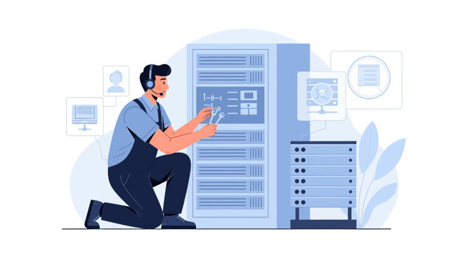 IT Administrator Fixing Server Rack with Tools, Data Center Service Concept.
