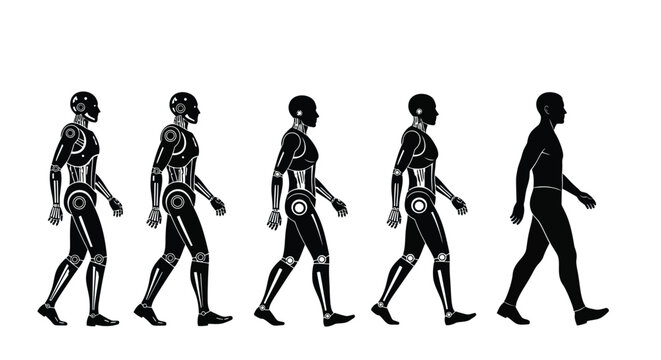 Silhouette of human and robotic figures walking in sequence