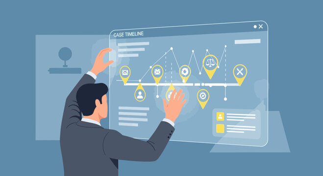 Man Interacting with Futuristic Case Timeline Interface