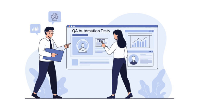 QA automation testing concept with team reviewing software on screen