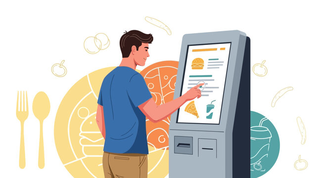 Man ordering food at a digital kiosk - technology lifestyle concept