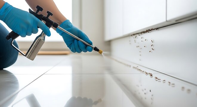 Professional pest control spraying insecticide on baseboard
