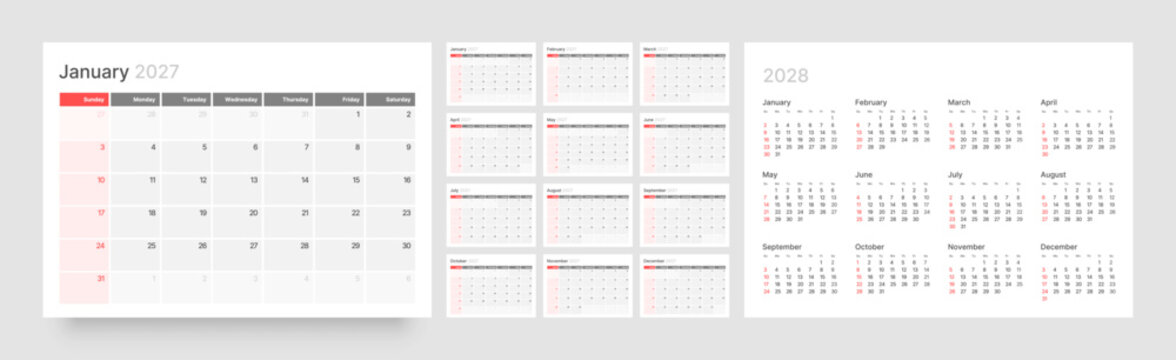 A planner for 2027 organised by months, with each week displayed starting from Sunday. 2027 monthly calendar template.