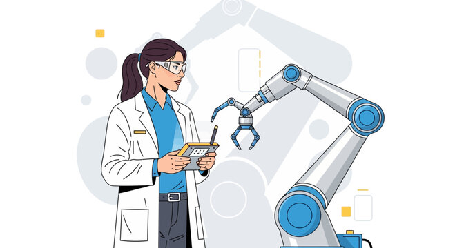 Scientist operating robotic arm with remote control, innovation concept