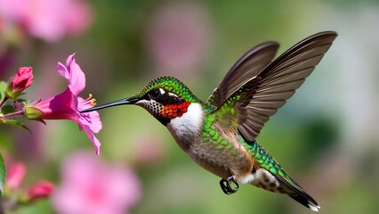 Fototapeta premium Vibrant Hummingbird Hovering Near Pink Flower in Natural Habitat