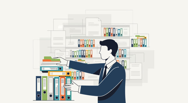 Office worker organizing files and folders in a modern archive library