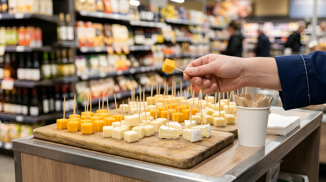 Assorted Cheese Cubes on Wooden Board with Toothpicks &ndash; Supermarket Food Tasting Counter

