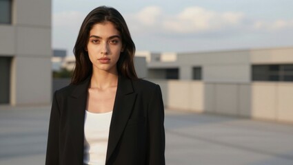 Fototapeta premium Young woman standing composed on rooftop terrace at dusk