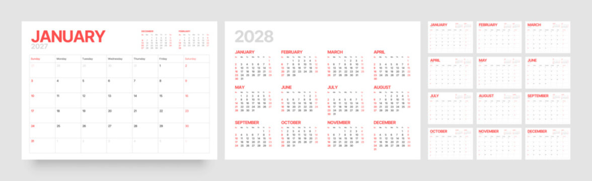 Monthly calendar layout for 2027 year. Diary planner template for 2027 year. Week Starts on Sunday. 