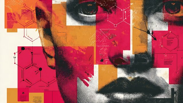 Abstract Geometric Portrait in Constructivist Style with Collage Elements