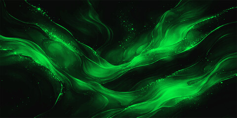 Abstract green smoke waves with smooth flowing curves and blue light swirls create a dark motion pattern on a black background design © Rehaan