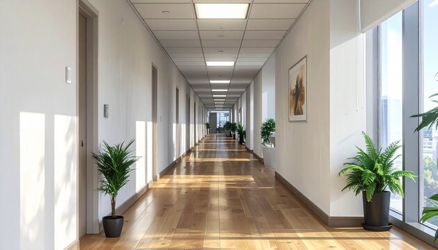 Near symmetry office corridor with slight offset in composition, natural imperfection breaking standard symmetry. Clean modern architecture.