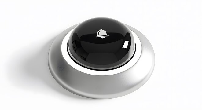 Black round push button with a notification bell icon for digital interface web design use