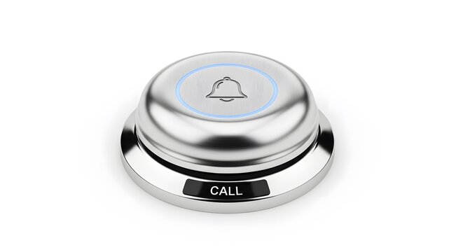 Modern silver call button with a glowing blue bell icon for customer service and assistance