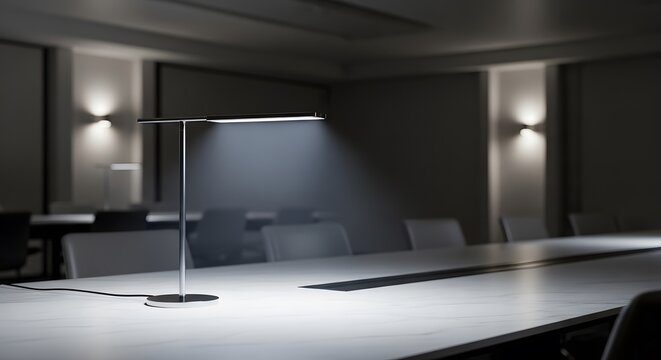 Modern metal desk lamp illuminating a long conference table in a dim professional office room