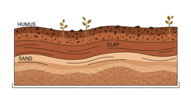 Cross section of soil layers showing humus sand and clay.