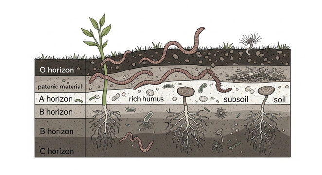 Cross section of soil layers showing plant roots and earthworms.
