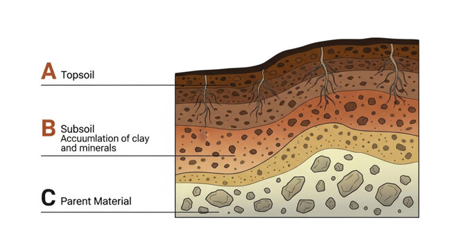 Cross section of soil layers showing topsoil subsoil and parent material.