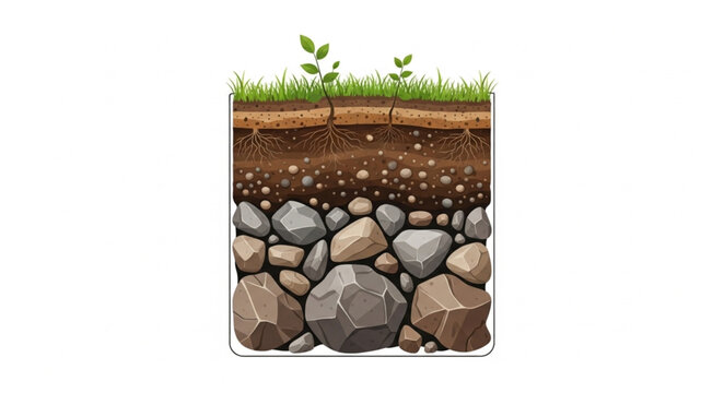 Cross section of soil layers with grass and rocks.