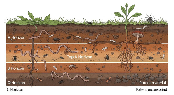 Cross section of soil layers with plant roots and earthworms.