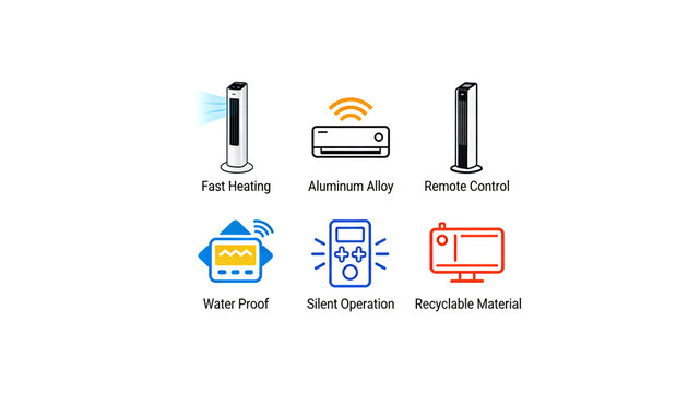 Warm air heater, air conditioner, and vertical fan icon, fast heating, aluminum alloy body, remote control, waterproof and moisture-proof, silent operation, recyclable materials.
