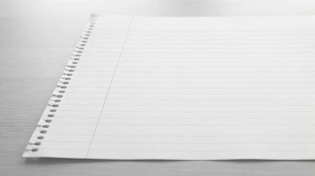 A single sheet of lined paper with spiral holes resting on a flat wooden desk surface table