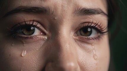 Fototapeta premium A close-up of a woman's face with tears, reflecting deep emotion and vulnerability, highlighting her expressive eyes.