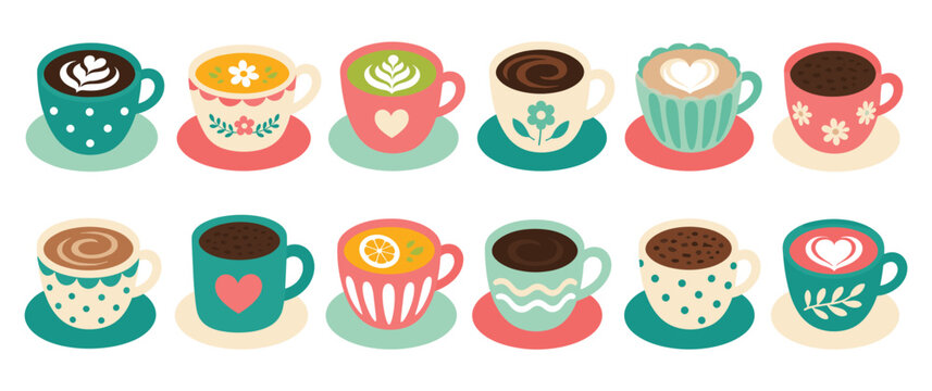 Set of coffee cups with various latte art and decorative patterns.