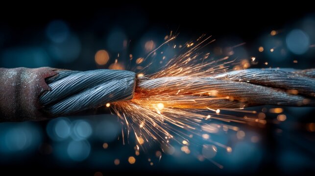 Close-up of industrial cable fraying with sparks flying symbolizing energy and danger in technology and engineering. Showcasing tension and high-voltage incidents. Generative AI