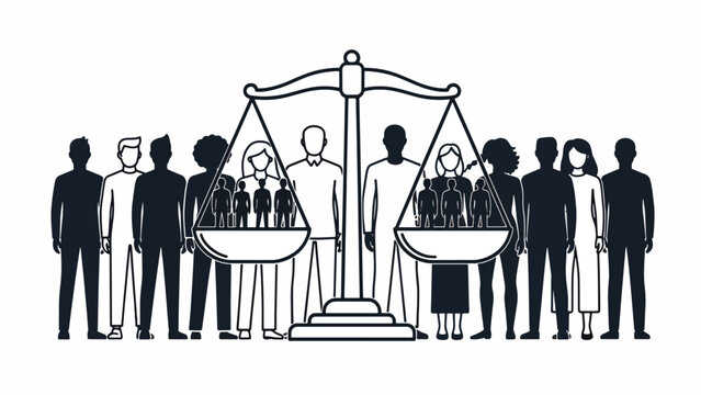 Silhouette of people standing near scales.