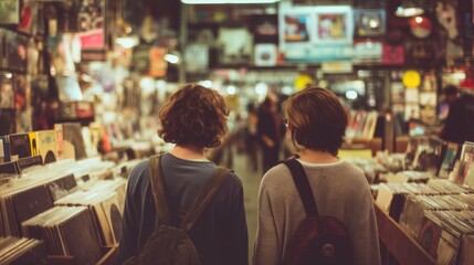 Fototapeta premium Two friends exploring a vibrant record store filled with shelves of vinyl albums and eclectic decor inspiring musical discovery and nostalgia. Generative AI