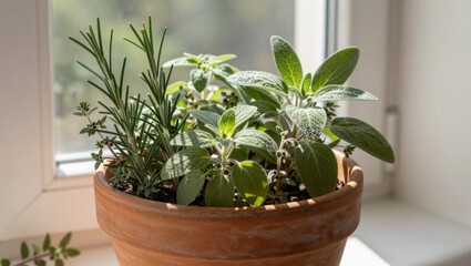 Fototapeta premium Close up of herb plants in terracotta pot on window sill