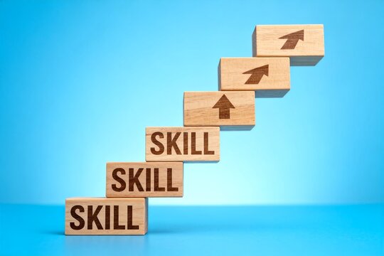 Wooden blocks with skill text and arrows