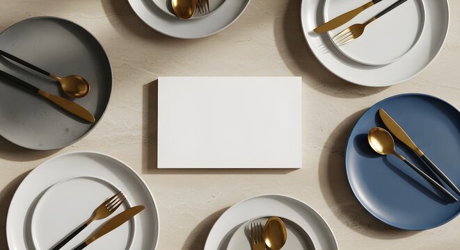 Blank rectangular card on dining table surrounded by plates and cutlery, 3d render of elegant table setting mockup