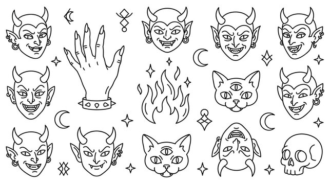Collection of mystical satanic symbols and occult witchcraft line icons.