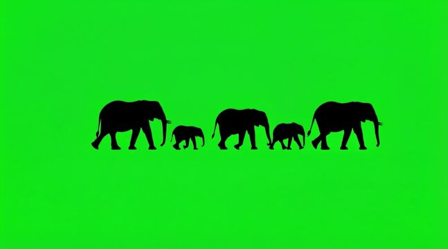 Video Silhouette a group of elephant and baby are walking on the green screen background