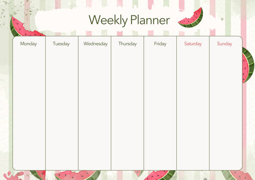 Horizontal weekly planner template with cute watermelon pattern and grid layout for scheduling