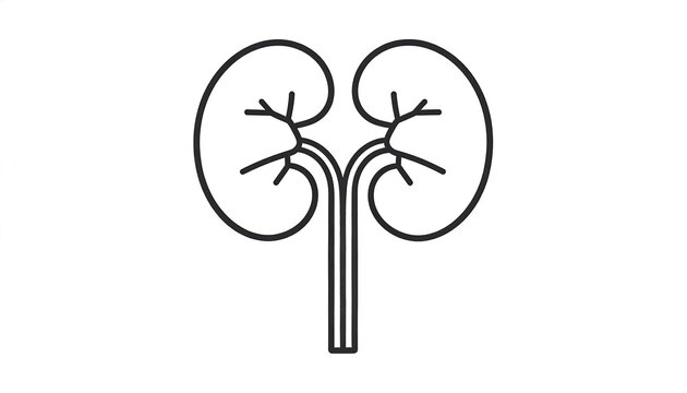 A simple, black-and-white illustration depicting a pair of symmetrical, bean-shaped organs connected by a central tube. Fine lines outline their structures