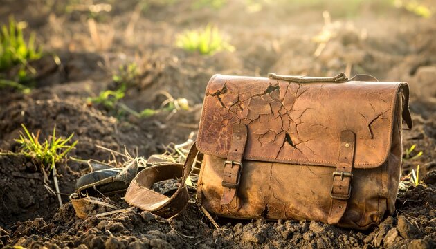 Cracked Leather Satchel Spilling Meager Supplies Outdoors