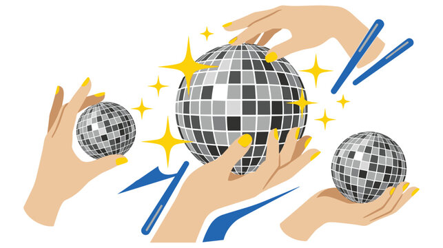 Hands holding disco ball reflects light for dance party and nightlife.