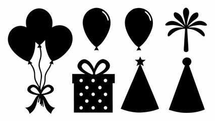 Obraz premium Collection of black silhouette icons representing holiday and celebration elements including balloons a gift box party hats and a decorative flourish perfect for festive graphic